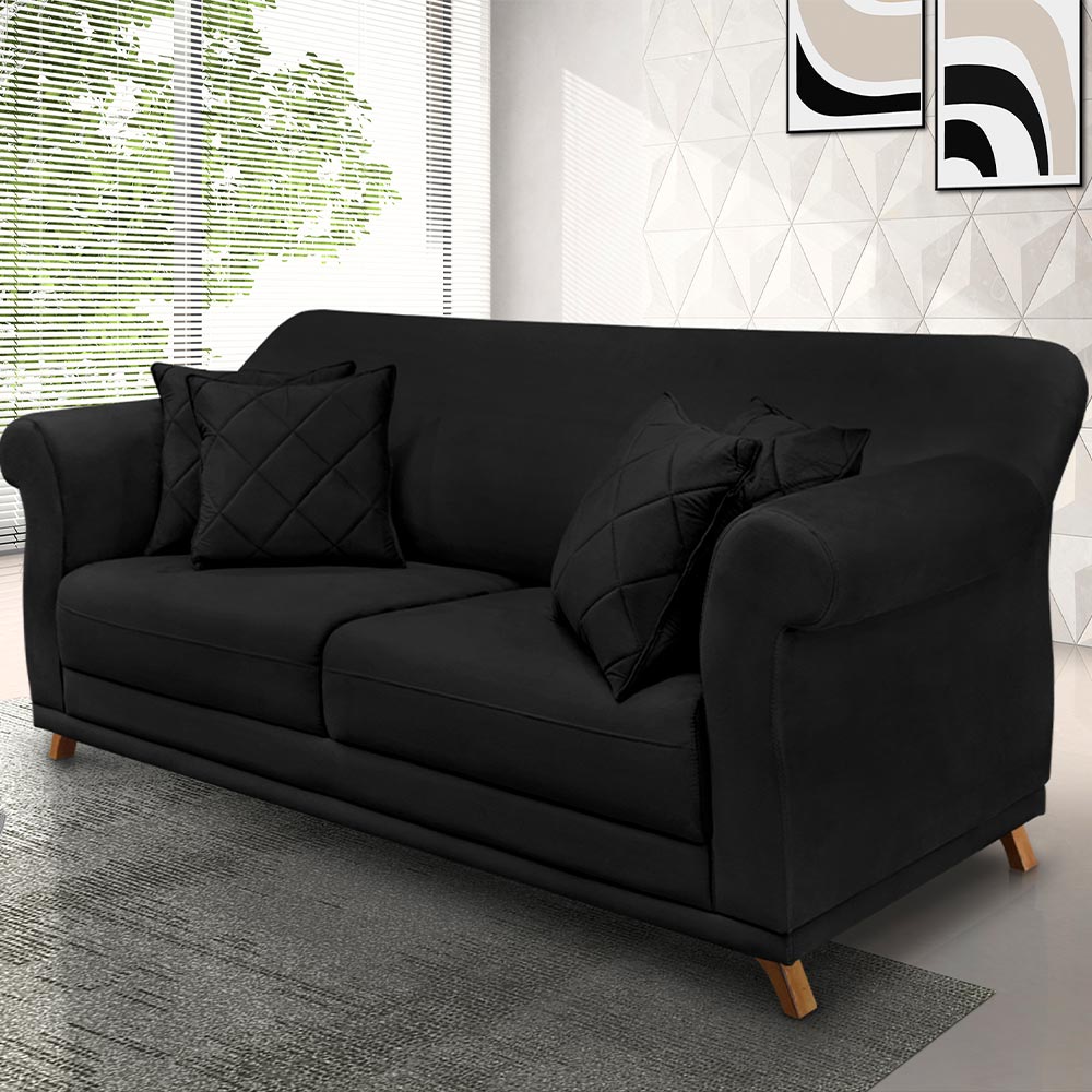 Sofá Decorativo 200cm 3 Lugares com 4 Almofadas Armstrong Suede Preto G63 - Gran Belo