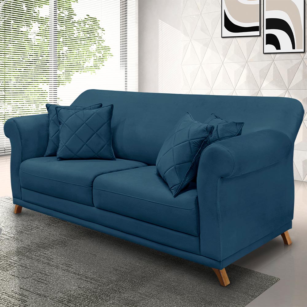 Sofá Decorativo 200cm 3 Lugares com 4 Almofadas Armstrong Veludo Azul Marinho G63 - Gran Belo