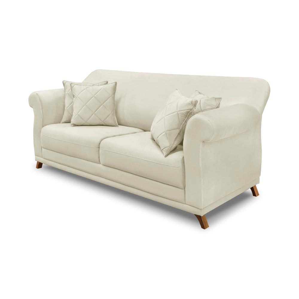 Sofá Decorativo 200cm 3 Lugares com 4 Almofadas Armstrong Veludo Bege G63 - Gran Belo