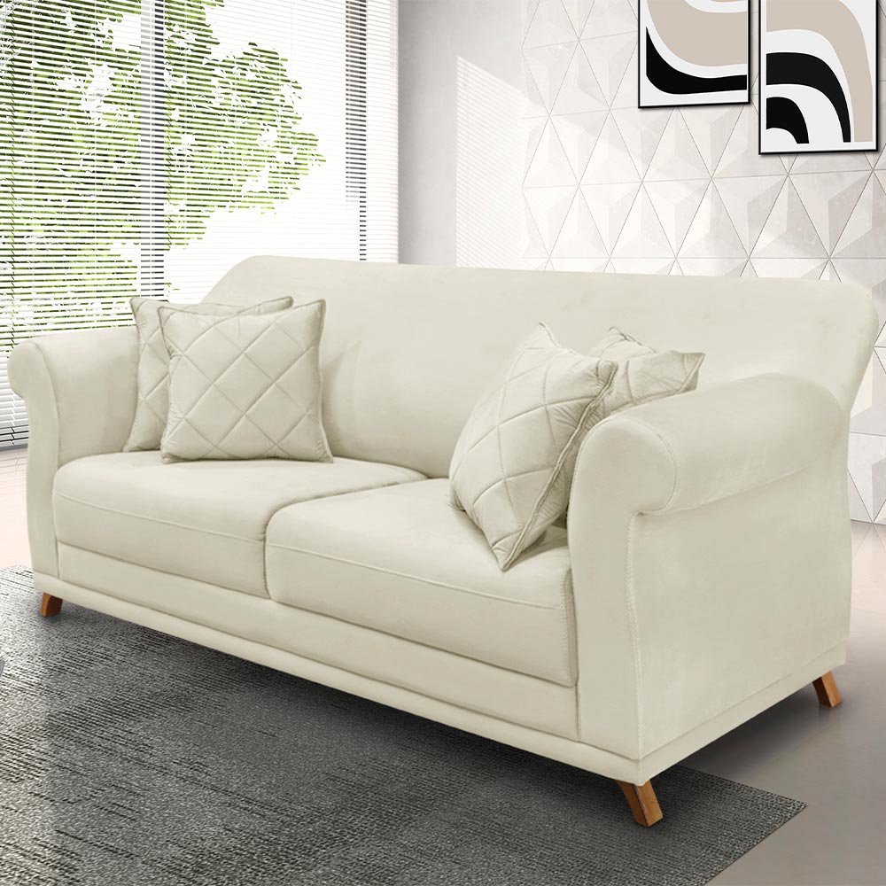 Sofá Decorativo 200cm 3 Lugares com 4 Almofadas Armstrong Veludo Bege G63 - Gran Belo