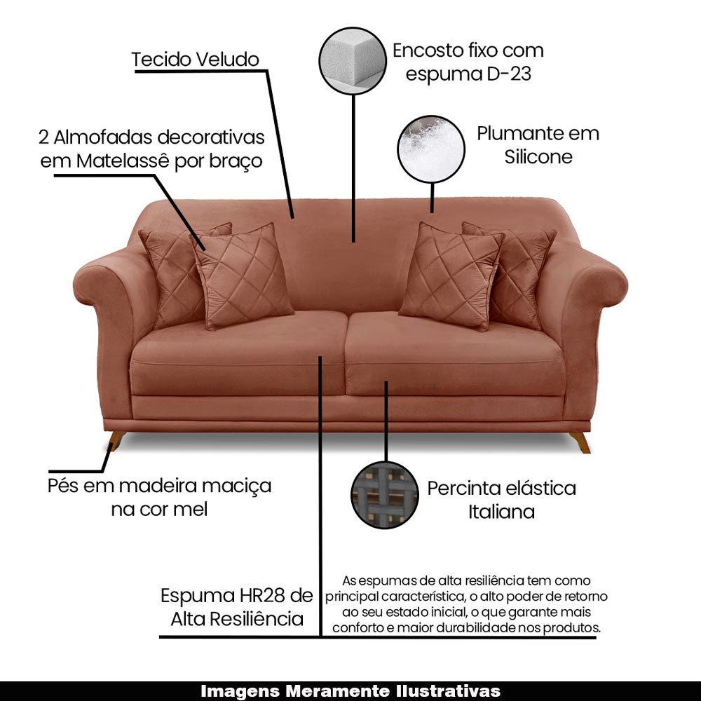 Sofá Decorativo 200cm 3 Lugares com 4 Almofadas Armstrong Veludo Cobre G63 - Gran Belo