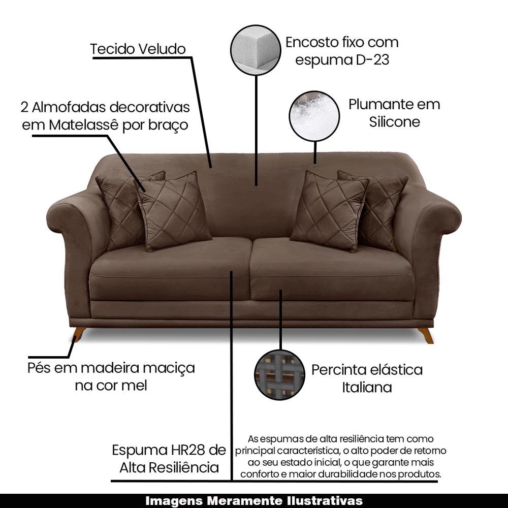 Sofá Decorativo 200cm 3 Lugares com 4 Almofadas Armstrong Veludo Marrom G63 - Gran Belo