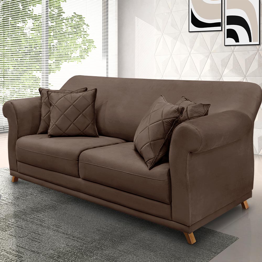 Sofá Decorativo 200cm 3 Lugares com 4 Almofadas Armstrong Veludo Marrom G63 - Gran Belo