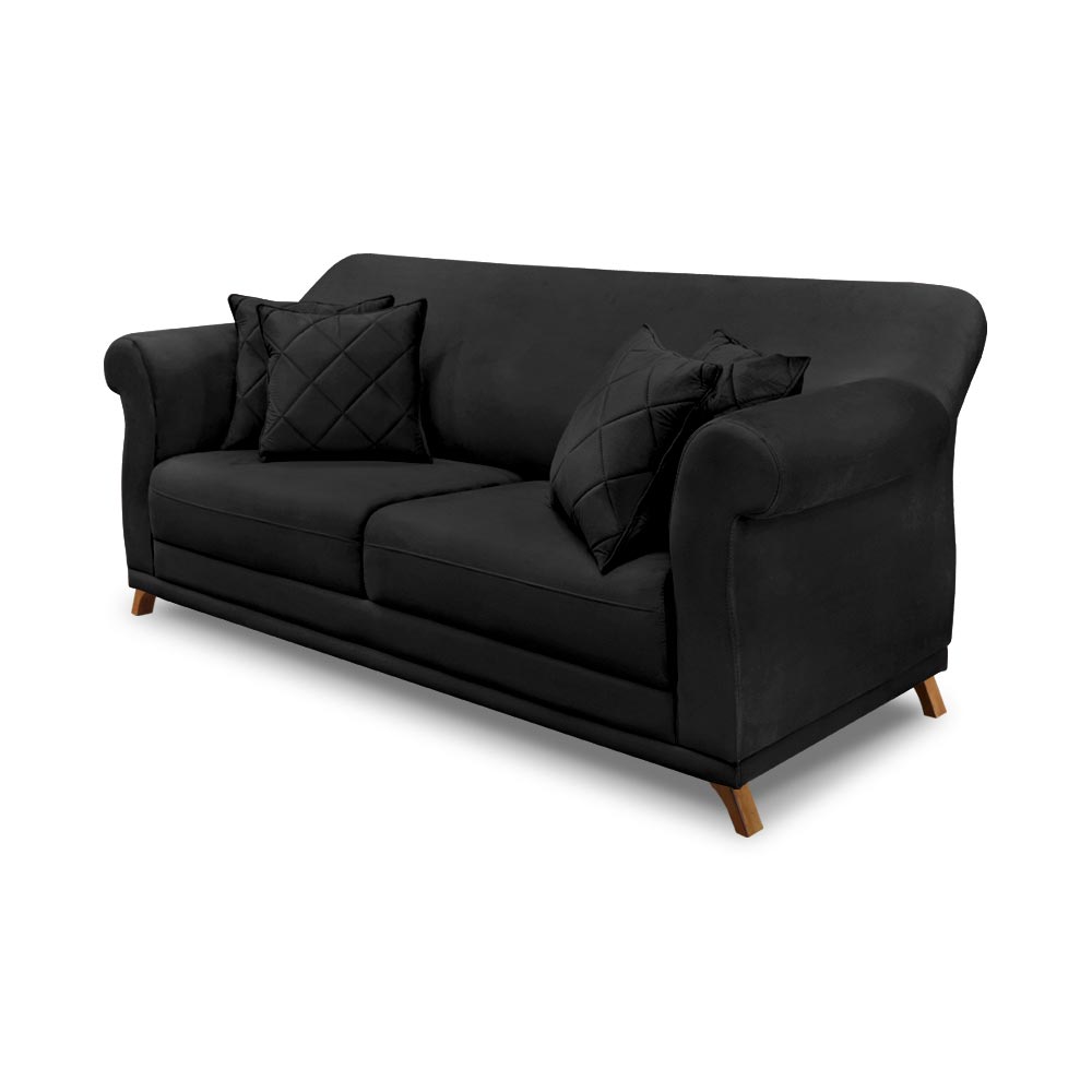 Sofá Decorativo 200cm 3 Lugares com 4 Almofadas Armstrong Veludo Preto G63 - Gran Belo