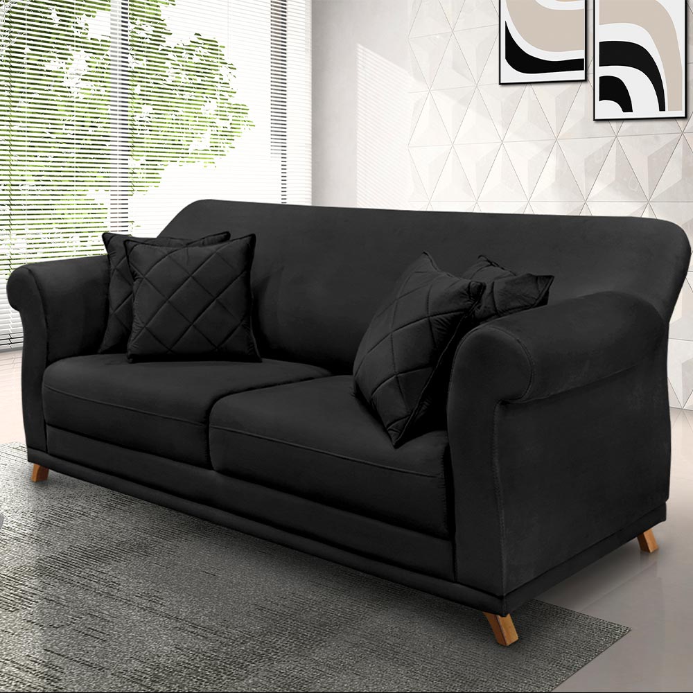 Sofá Decorativo 200cm 3 Lugares com 4 Almofadas Armstrong Veludo Preto G63 - Gran Belo