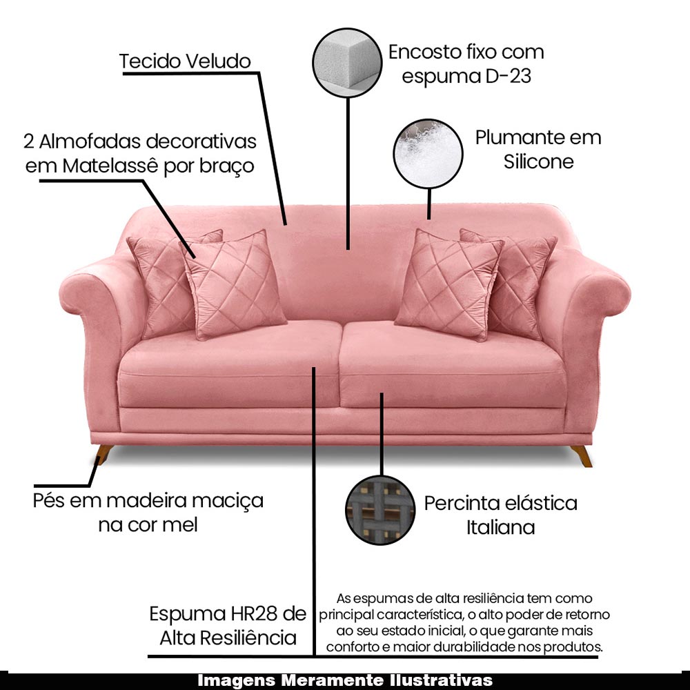 Sofá Decorativo 200cm 3 Lugares com 4 Almofadas Armstrong Veludo Rosa G63 - Gran Belo