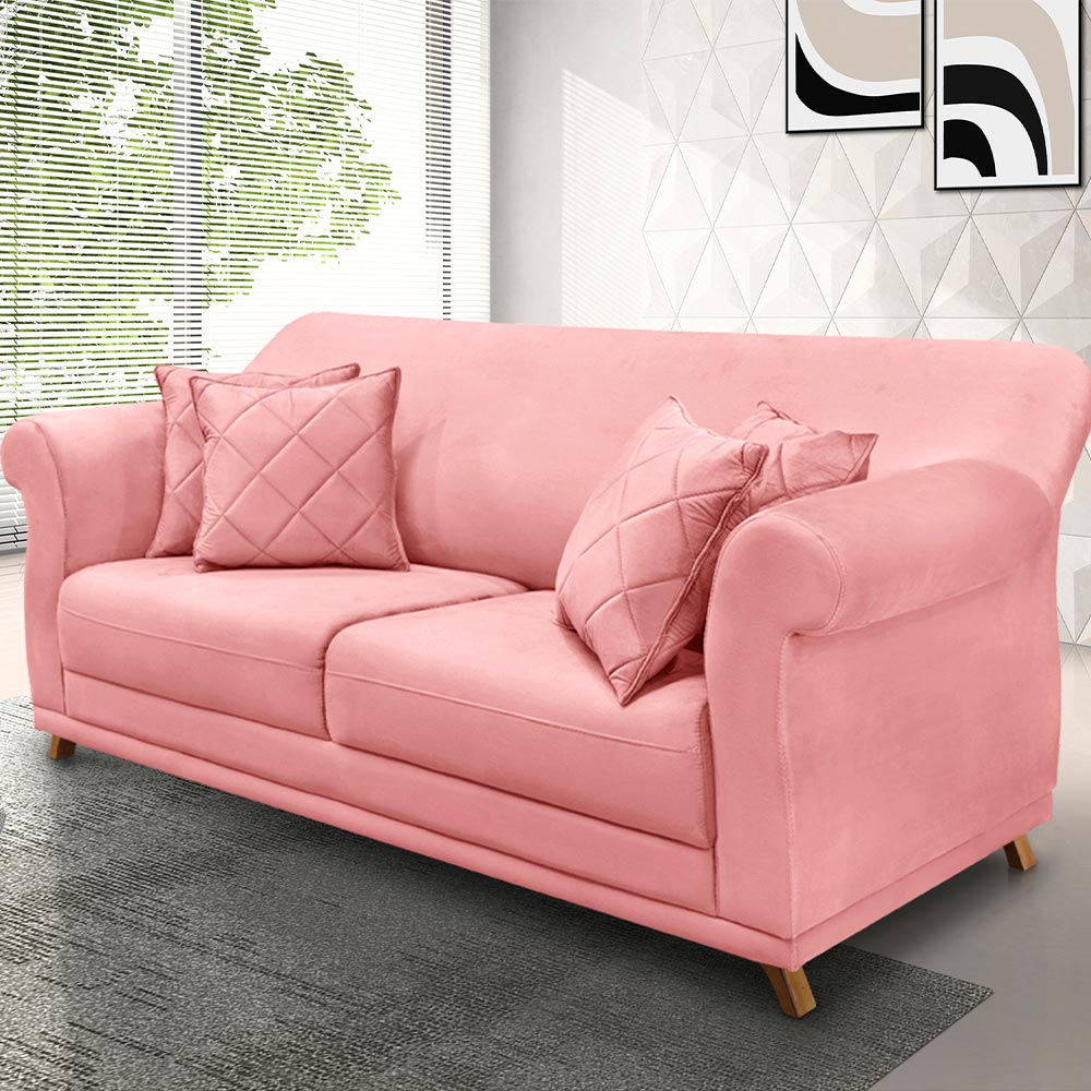 Sofá Decorativo 200cm 3 Lugares com 4 Almofadas Armstrong Veludo Rosa G63 - Gran Belo