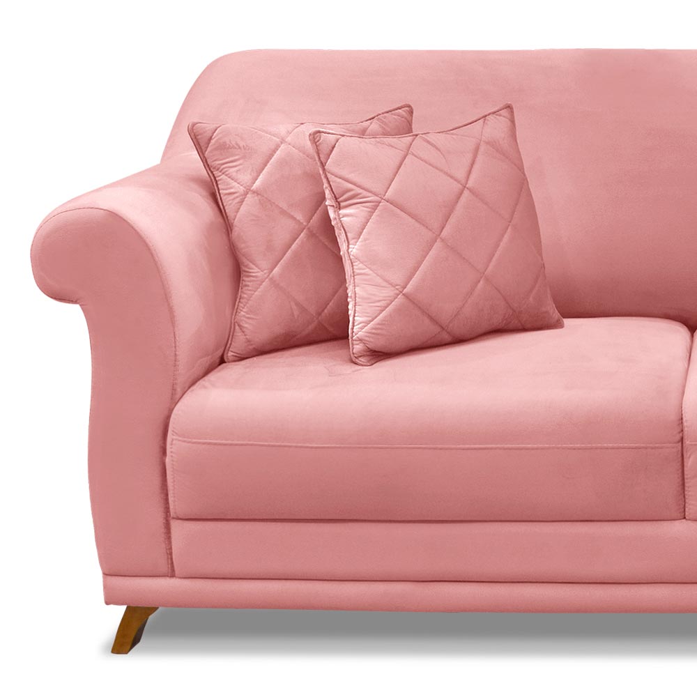 Sofá Decorativo 200cm 3 Lugares com 4 Almofadas Armstrong Veludo Rosa G63 - Gran Belo