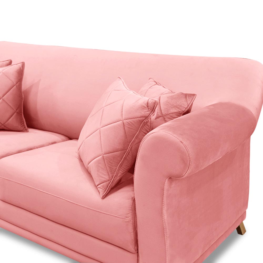 Sofá Decorativo 200cm 3 Lugares com 4 Almofadas Armstrong Veludo Rosa G63 - Gran Belo
