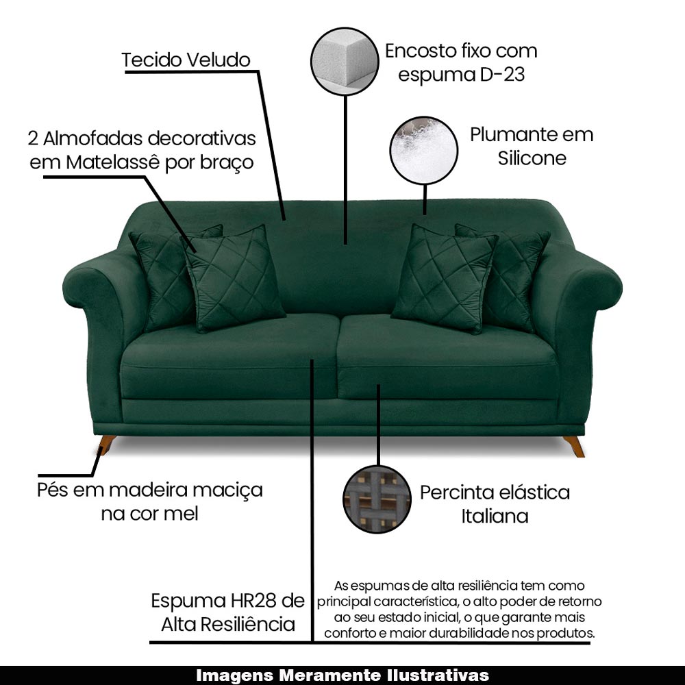 Sofá Decorativo 200cm 3 Lugares com 4 Almofadas Armstrong Veludo Verde Floresta G63 - Gran Belo
