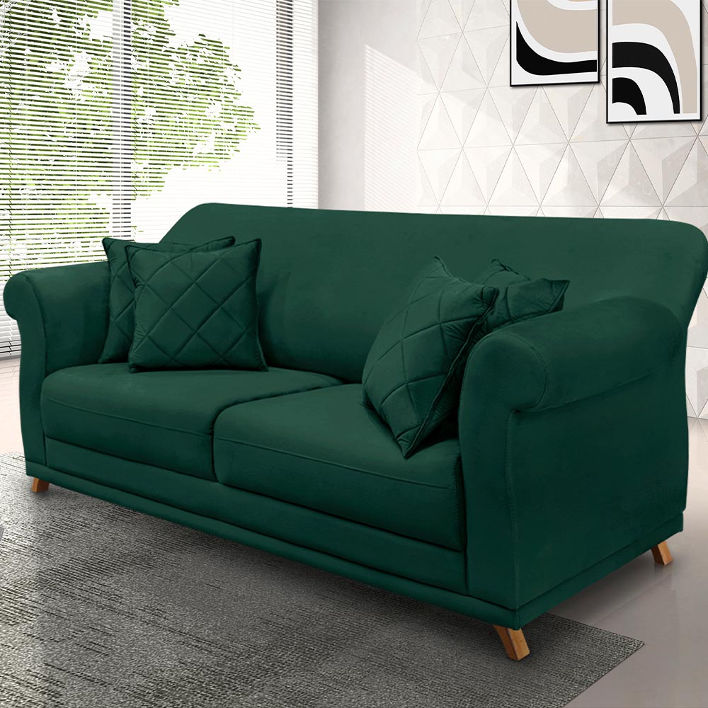 Sofá Decorativo 200cm 3 Lugares com 4 Almofadas Armstrong Veludo Verde Floresta G63 - Gran Belo