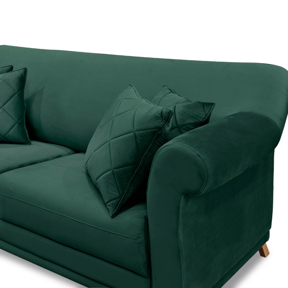 Sofá Decorativo 200cm 3 Lugares com 4 Almofadas Armstrong Veludo Verde Floresta G63 - Gran Belo