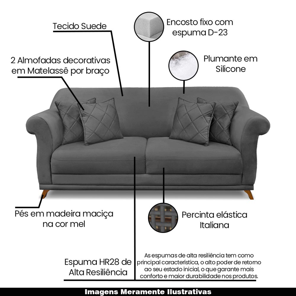 Sofá Decorativo 220cm 3 Lugares com 4 Almofadas Armstrong Suede Cinza G63 - Gran Belo