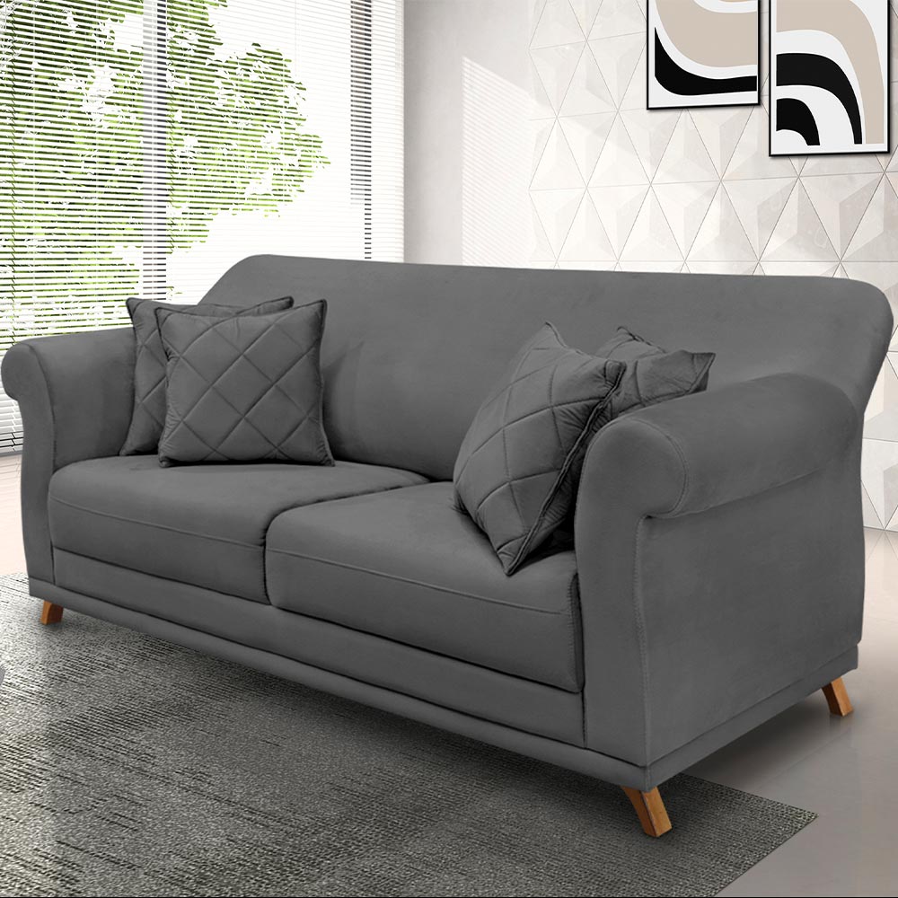 Sofá Decorativo 220cm 3 Lugares com 4 Almofadas Armstrong Suede Cinza G63 - Gran Belo