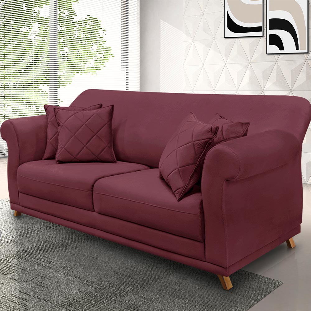 Sofá Decorativo 220cm 3 Lugares com 4 Almofadas Armstrong Veludo Vinho G63 - Gran Belo