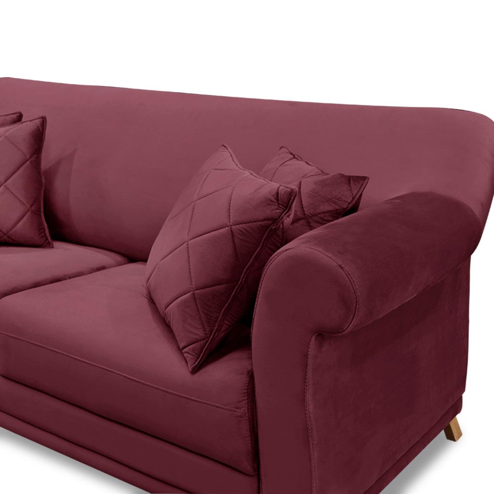 Sofá Decorativo 220cm 3 Lugares com 4 Almofadas Armstrong Veludo Vinho G63 - Gran Belo