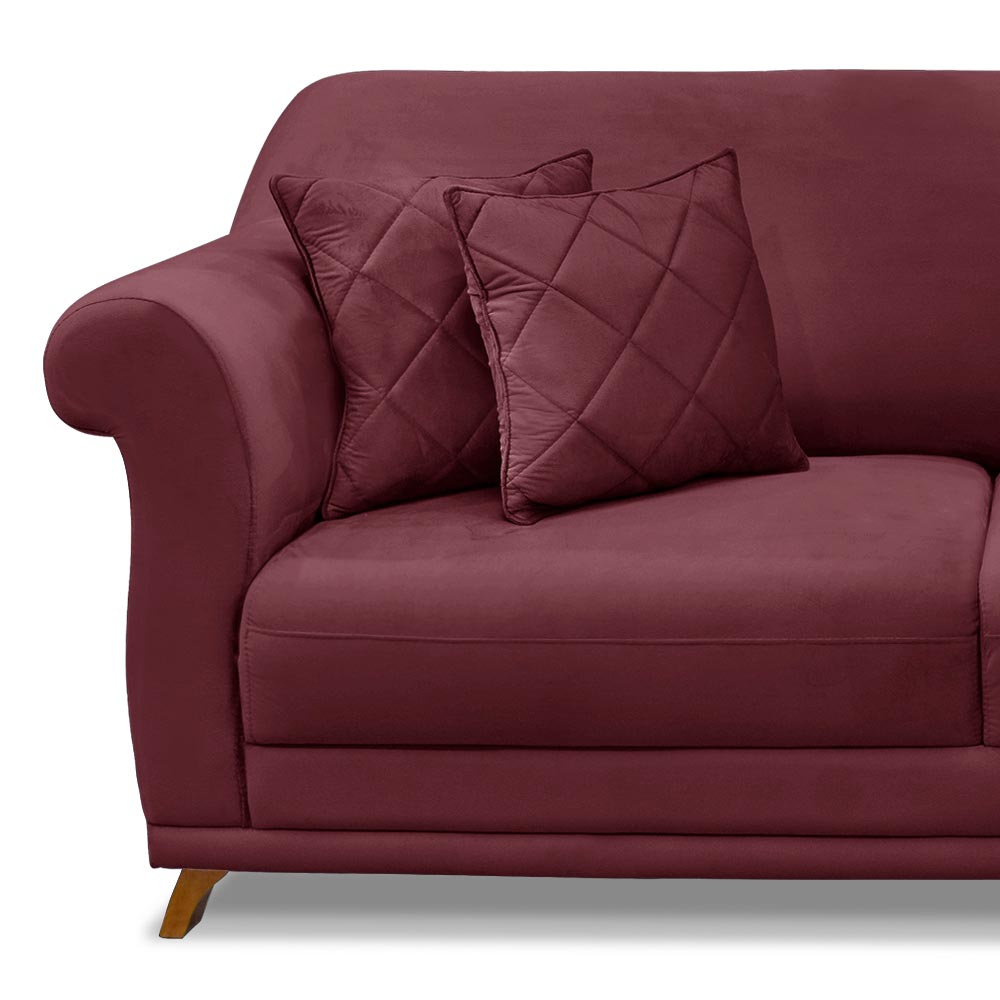 Sofá Decorativo 220cm 3 Lugares com 4 Almofadas Armstrong Veludo Vinho G63 - Gran Belo