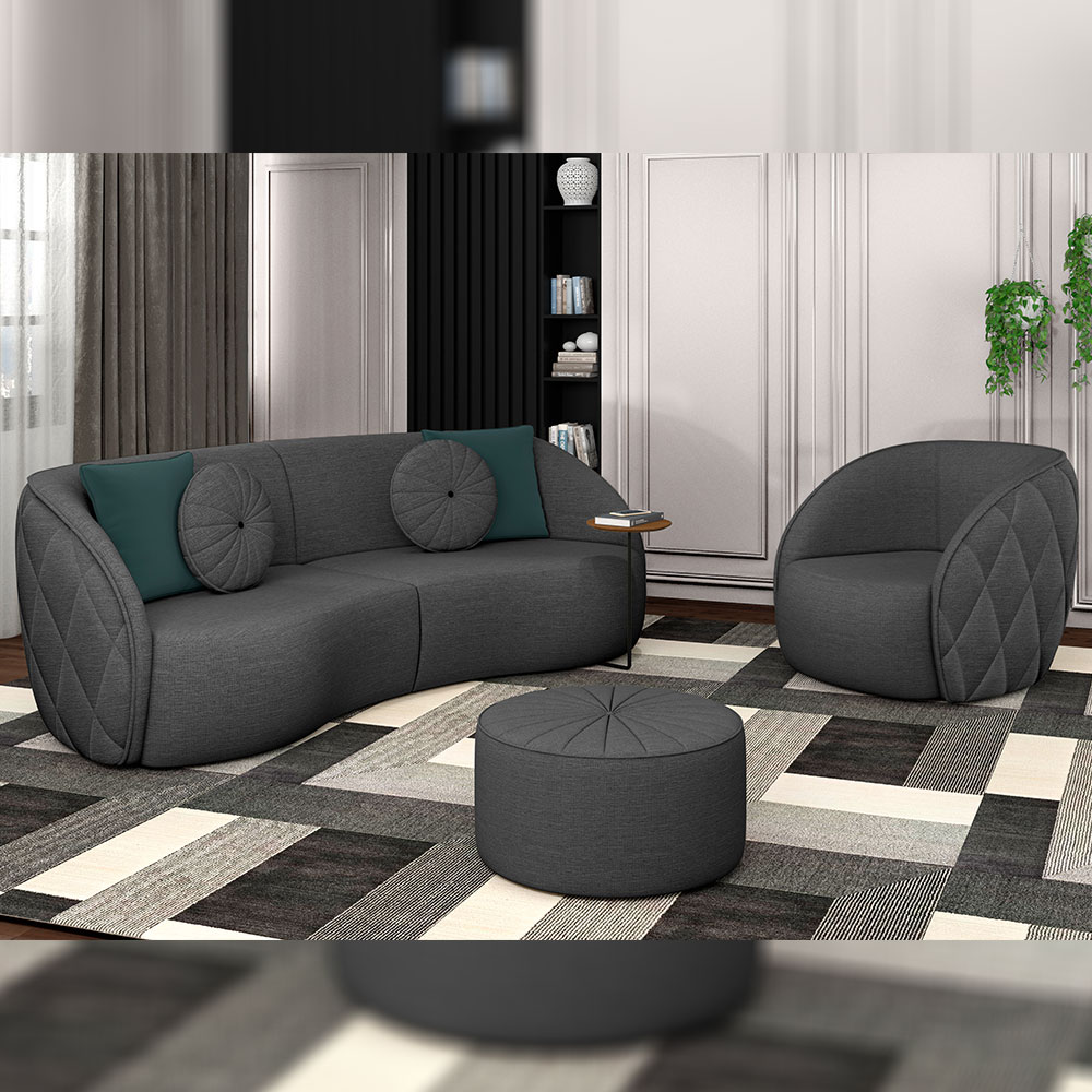 Sofá Decorativo 288cm com Almofadas Redondas Clarke Linho Chumbo G45 - Gran Belo