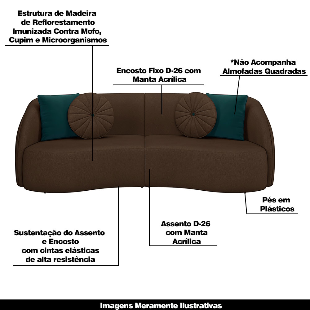 Sofá Decorativo 288cm com Almofadas Redondas Clarke PU Marrom G45 - Gran Belo