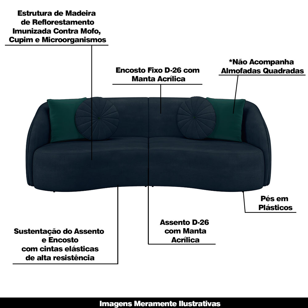 Sofá Decorativo 288cm com Almofadas Redondas Clarke Veludo Azul Marinho G45 - Gran Belo