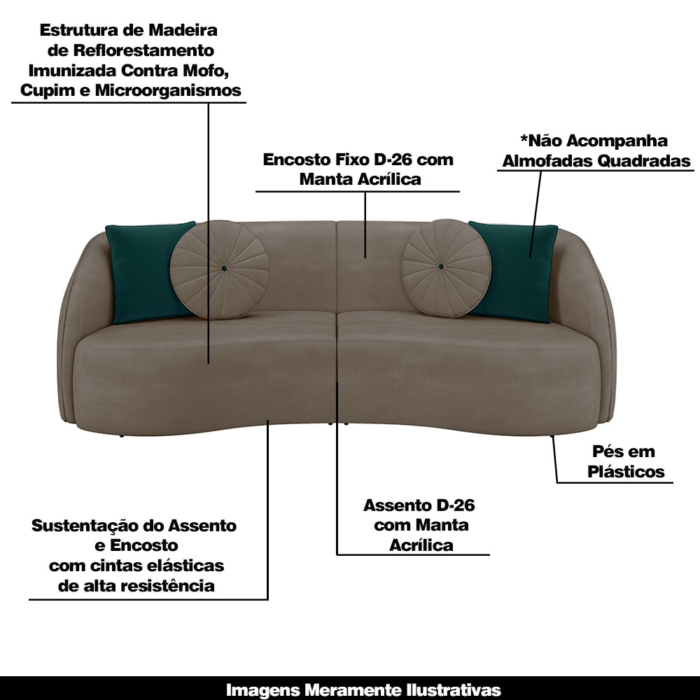 Sofá Decorativo 288cm com Almofadas Redondas Clarke Veludo Bege G45 - Gran Belo