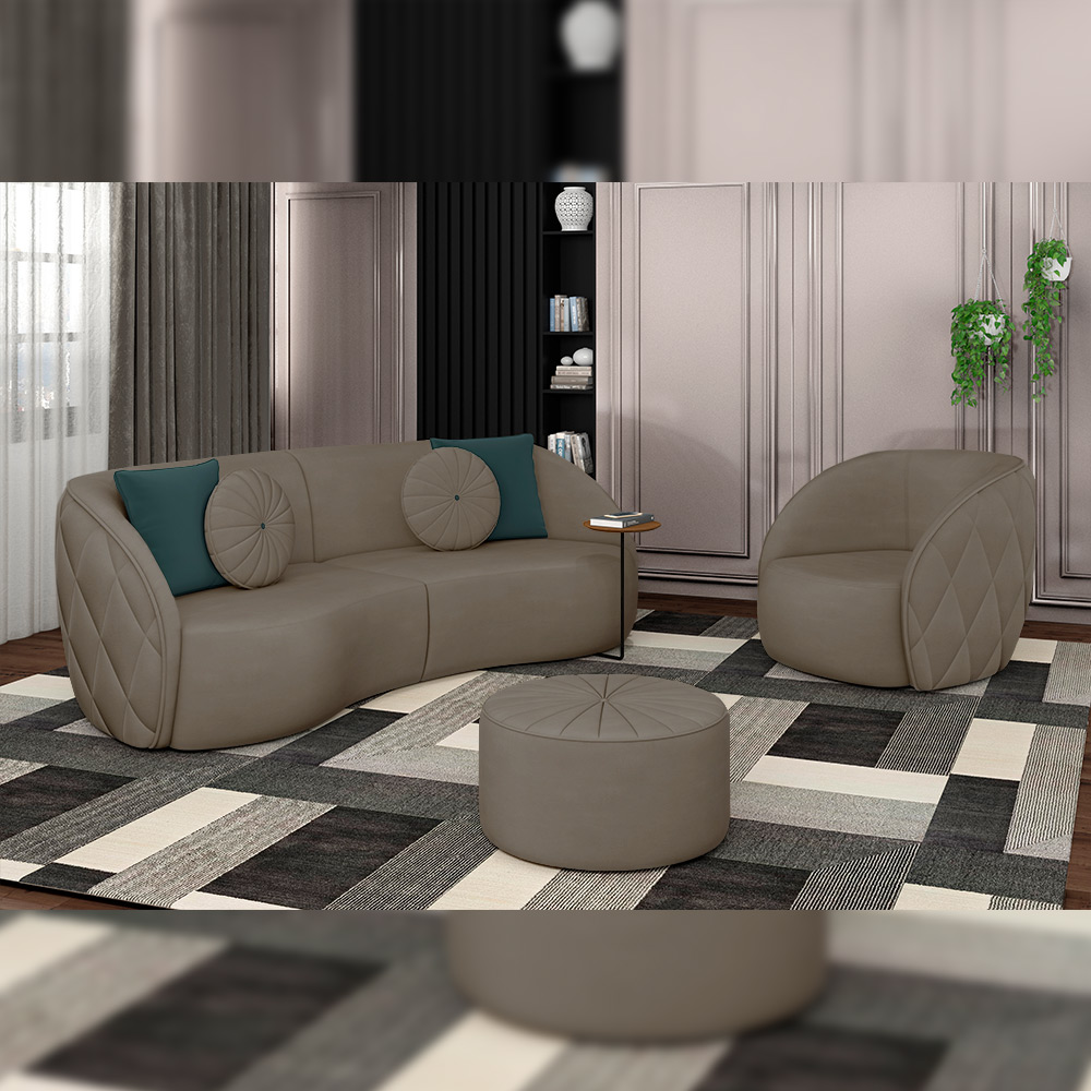 Sofá Decorativo 288cm com Almofadas Redondas Clarke Veludo Bege G45 - Gran Belo