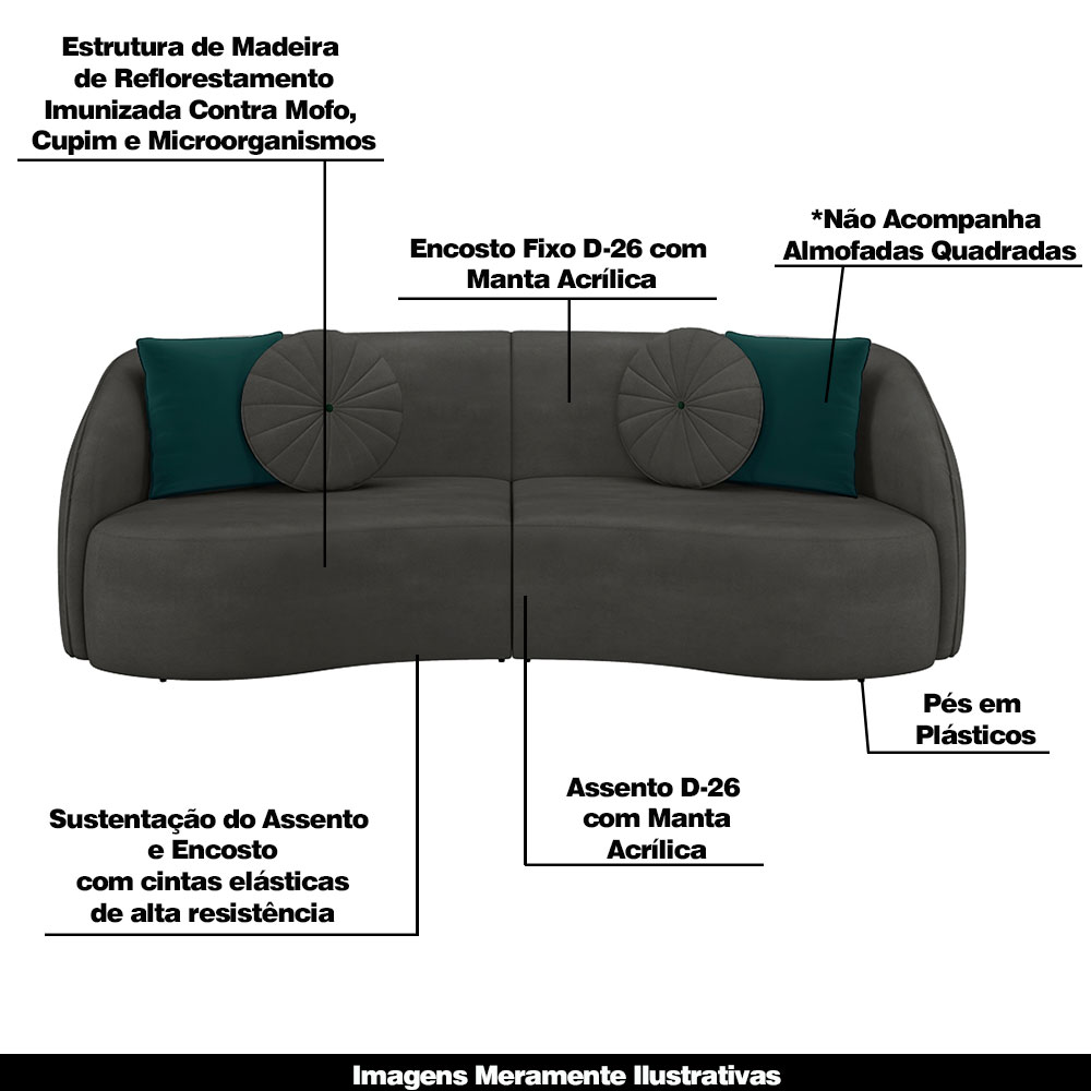 Sofá Decorativo 288cm com Almofadas Redondas Clarke Veludo Cinza G45 - Gran Belo