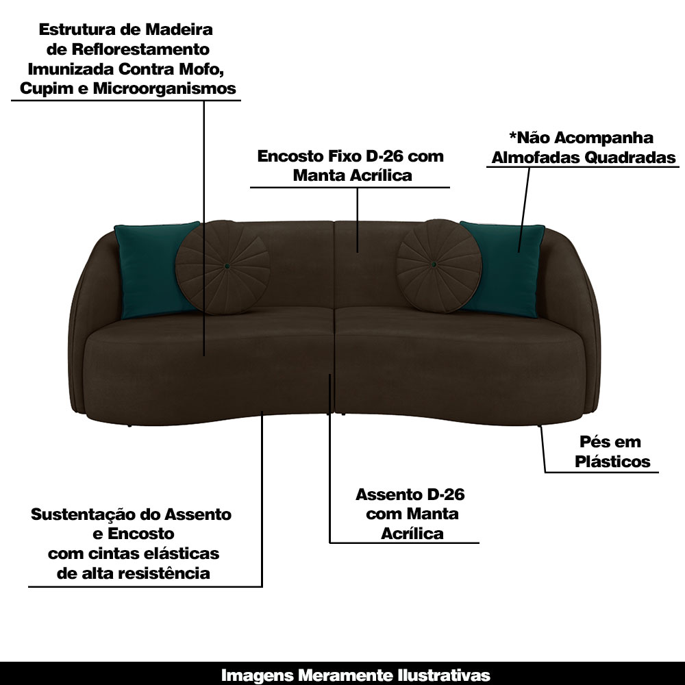 Sofá Decorativo 288cm com Almofadas Redondas Clarke Veludo Marrom G45 - Gran Belo