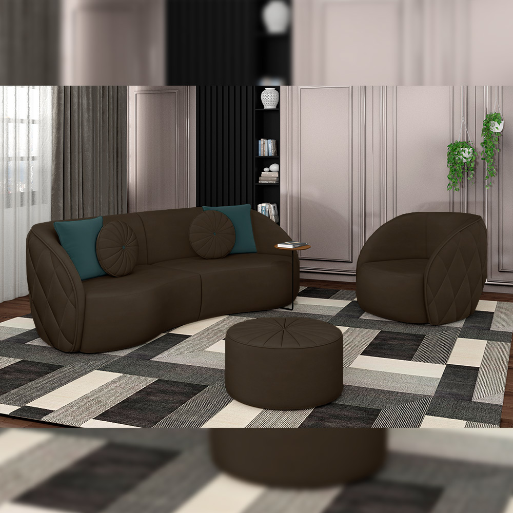 Sofá Decorativo 288cm com Almofadas Redondas Clarke Veludo Marrom G45 - Gran Belo