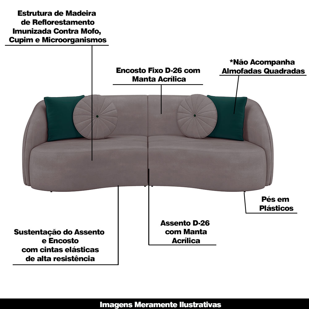 Sofá Decorativo 288cm com Almofadas Redondas Clarke Veludo Rosê G45 - Gran Belo