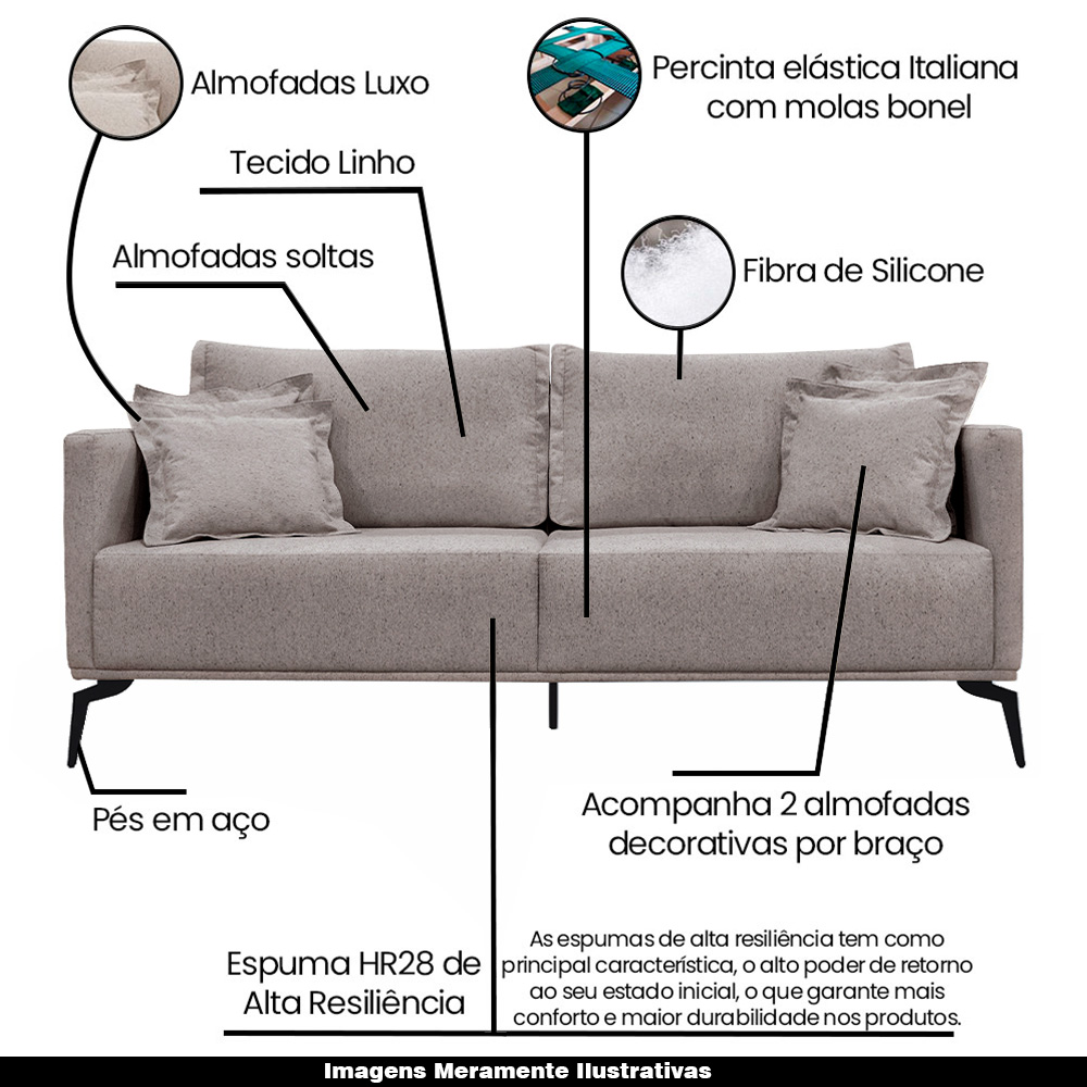 Sofá Decorativo 3 Lugares 200cm Pés em Aço Stagno Linho Areia Rústica G63 - Gran Belo