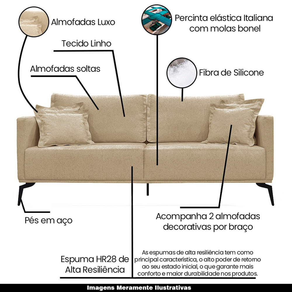 Sofá Decorativo 3 Lugares 200cm Pés em Aço Stagno Linho Bege G63 - Gran Belo