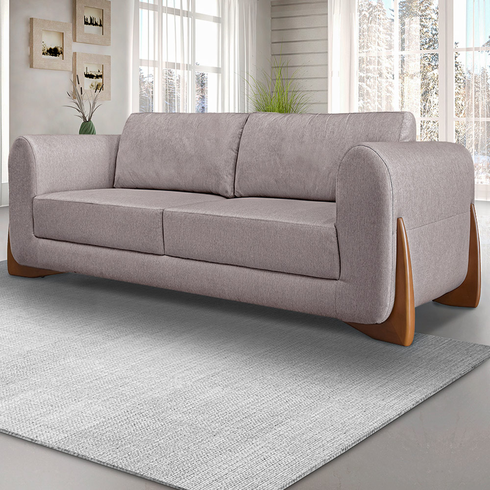 Sofá Decorativo 3 Lugares 200cm Pés em Madeira Buzz Linho Areia Rústica G63 - Gran Belo