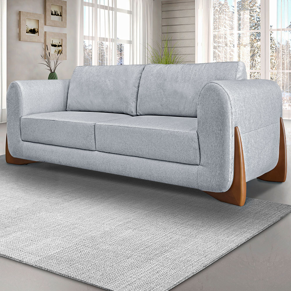 Sofá Decorativo 3 Lugares 200cm Pés em Madeira Buzz Linho Cinza Rústico G63 - Gran Belo