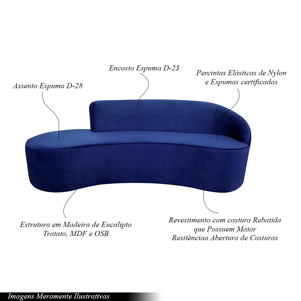 Sofá Decorativo 3 Lugares 210cm Abby Encosto Direito Curvo Veludo Azul Marinho G15 - Gran Belo