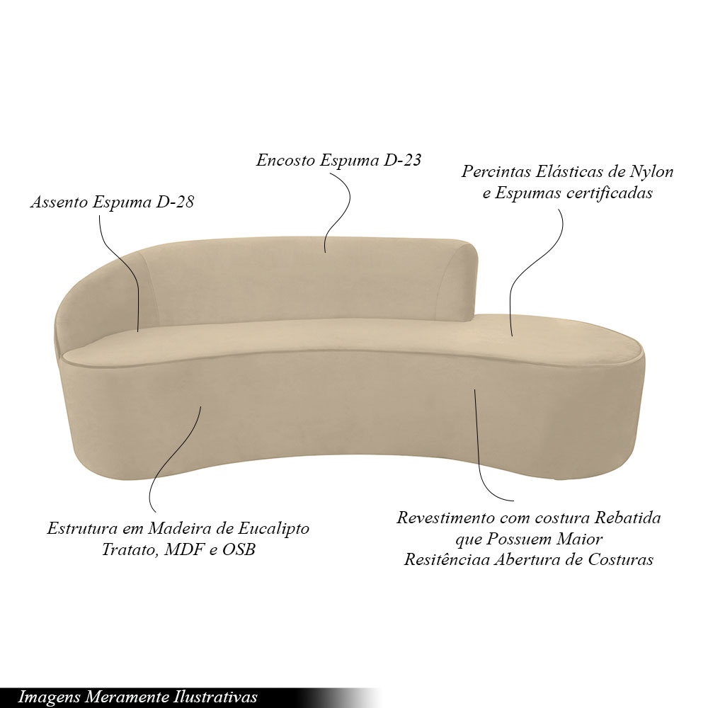 Sofá Decorativo 3 Lugares 210cm Abby Encosto Esquerdo Curvo Veludo Creme G15 - Gran Belo