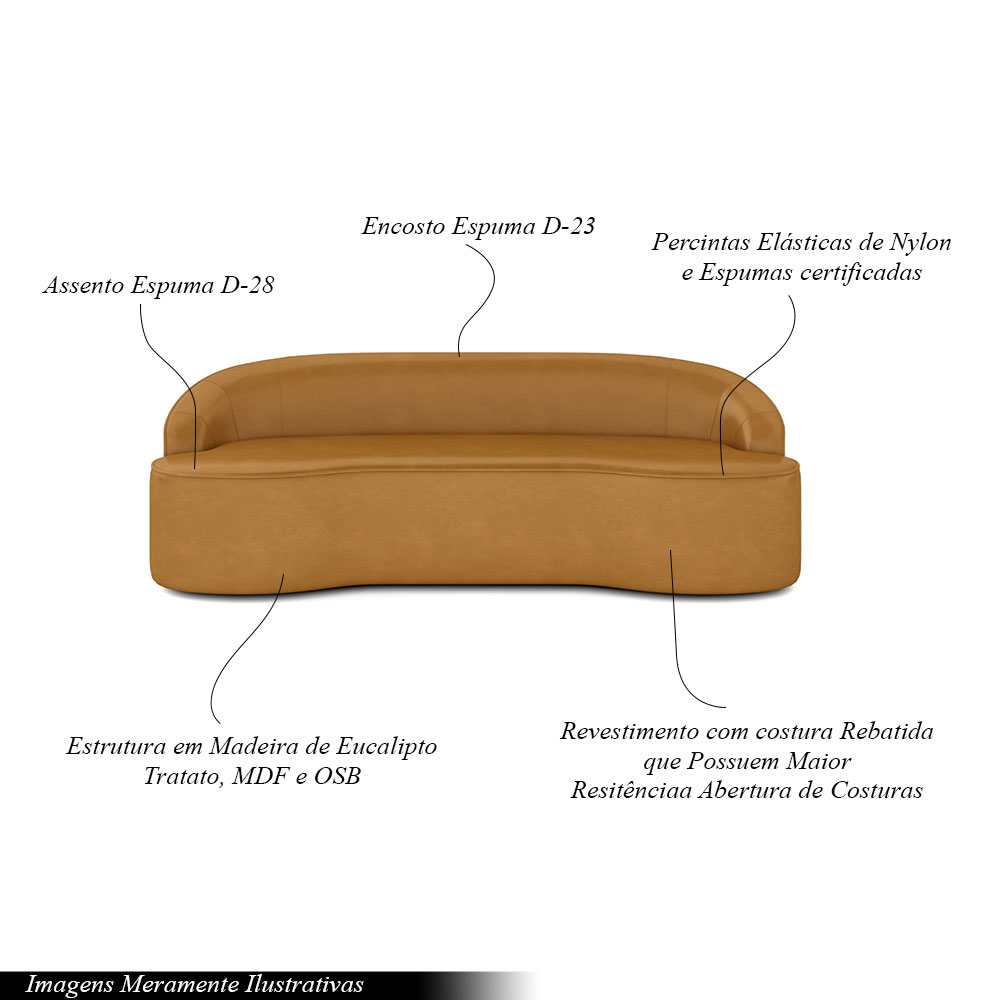 Sofá Decorativo 3 Lugares 210cm Joel Curvo com Encosto PU Caramelo G15 - Gran Belo