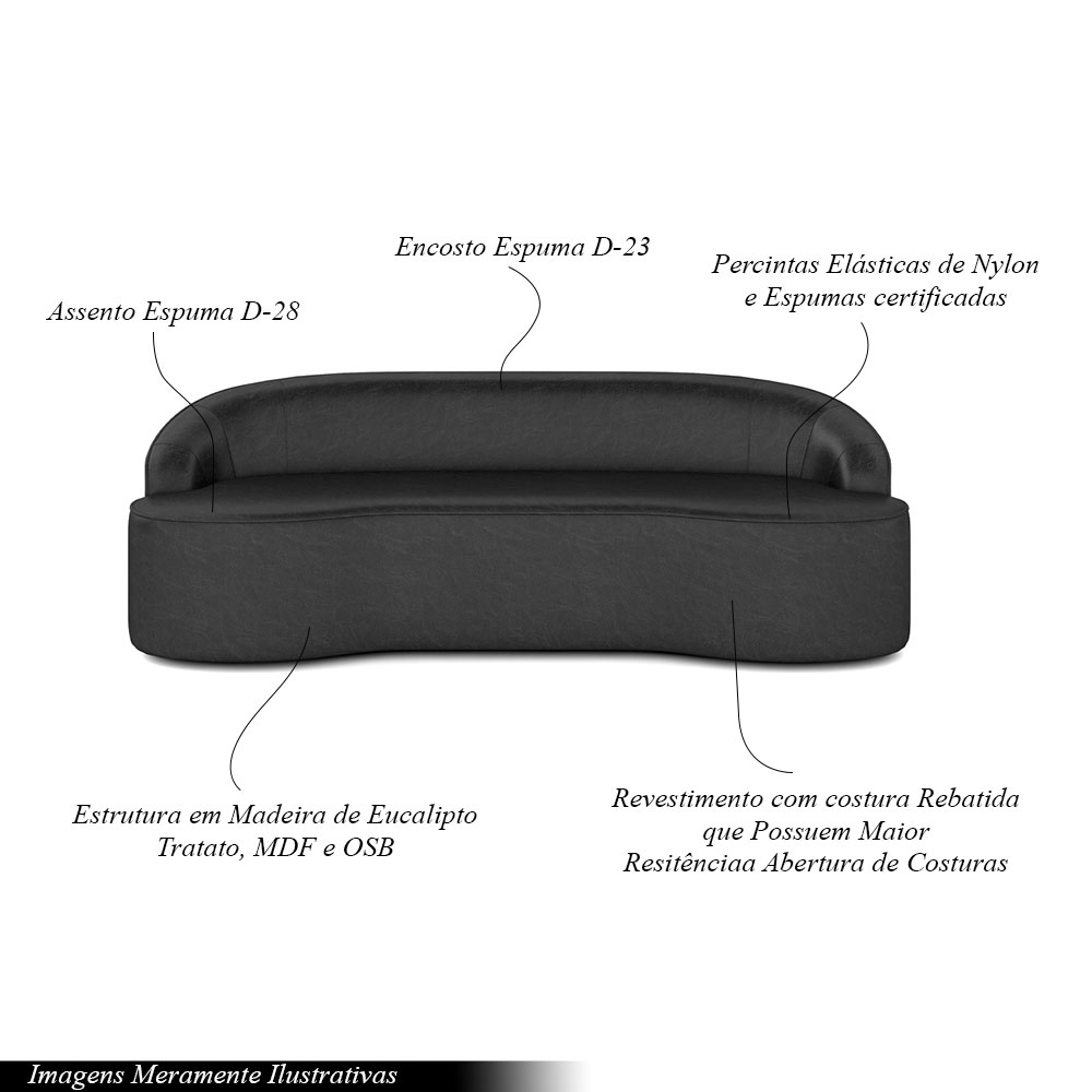 Sofá Decorativo 3 Lugares 210cm Joel Curvo com Encosto PU Preto G15 - Gran Belo