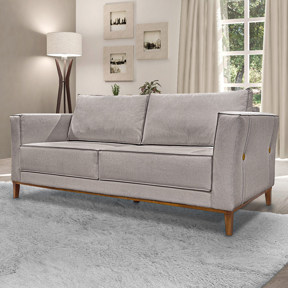 Sofá Decorativo 3 Lugares 210cm Pés em Madeira Tarantino Linho Areia Rústica G63 - Gran Belo