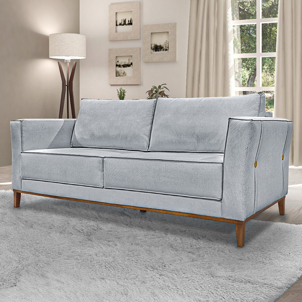 Sofá Decorativo 3 Lugares 210cm Pés em Madeira Tarantino Linho Cinza Rústico G63 - Gran Belo