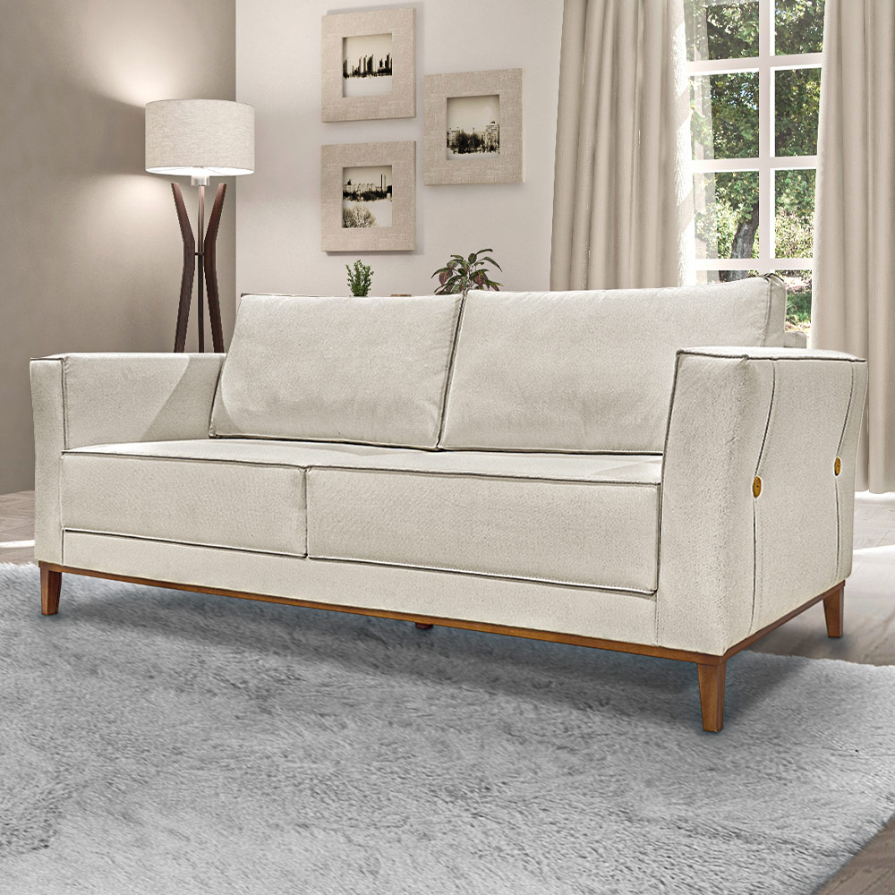 Sofá Decorativo 3 Lugares 210cm Pés em Madeira Tarantino Linho Off White Rústico G63 - Gran Belo