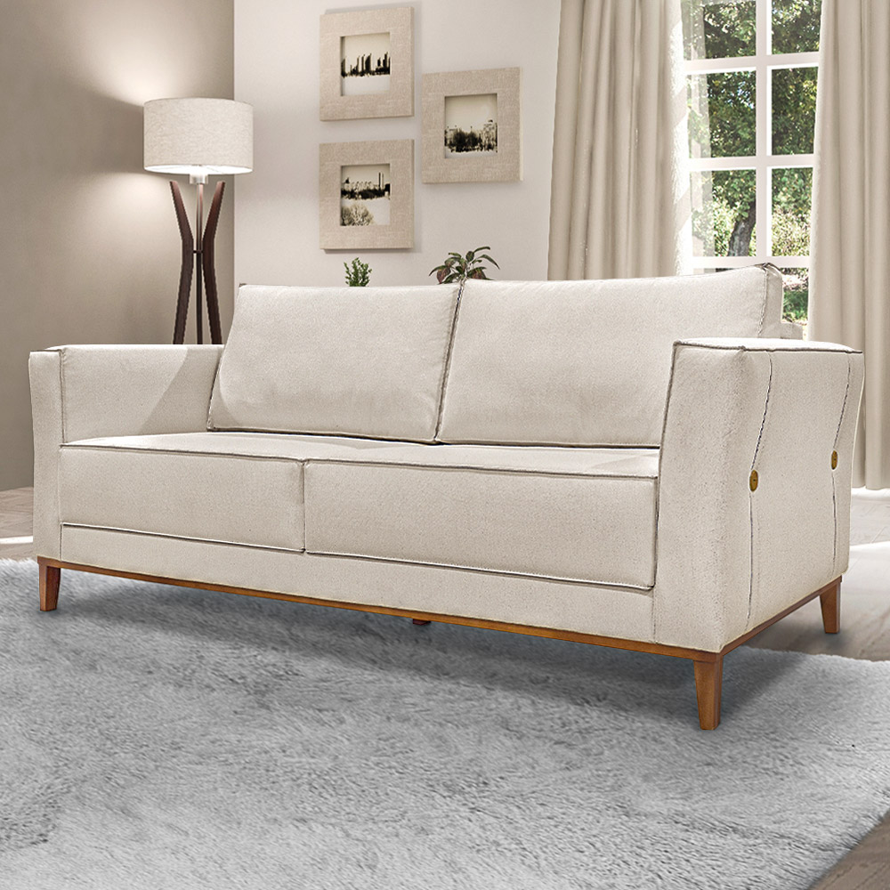 Sofá Decorativo 3 Lugares 210cm Pés em Madeira Tarantino Linho Pérola G63 - Gran Belo