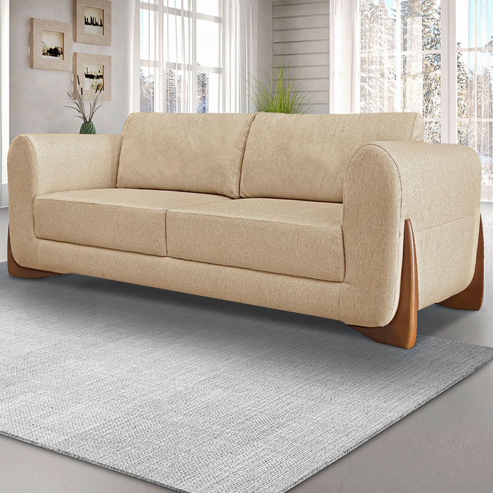 Sofá Decorativo 3 Lugares 220cm Pés em Madeira Buzz Linho Bege G63 - Gran Belo