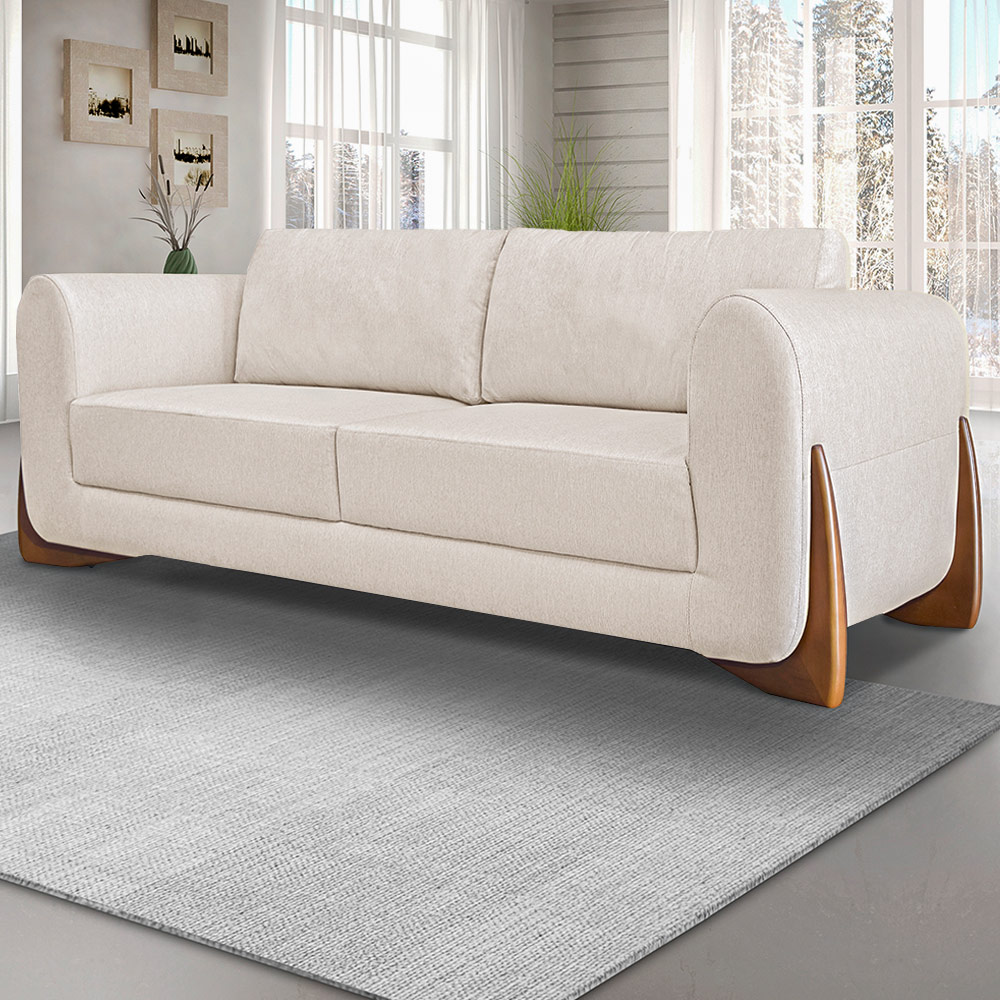 Sofá Decorativo 3 Lugares 220cm Pés em Madeira Buzz Linho Pérola G63 - Gran Belo