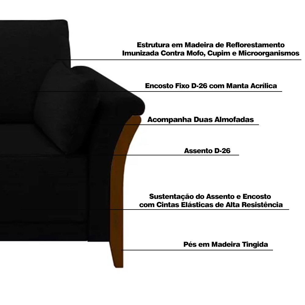Sofá Decorativo 3 Lugares 222cm Market Veludo Preto G45 - Gran Belo