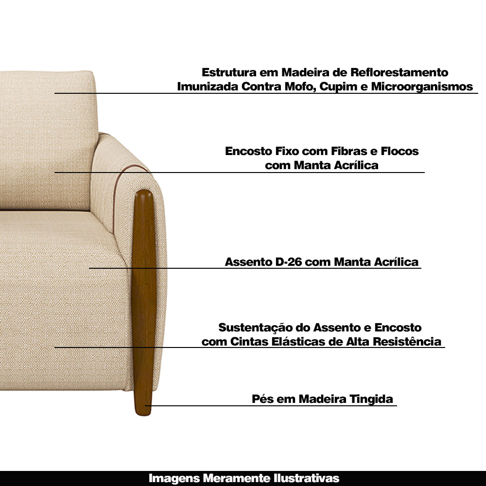 Sofá Decorativo 3 Lugares 223cm Maceió Linho Champagne G45 - Gran Belo
