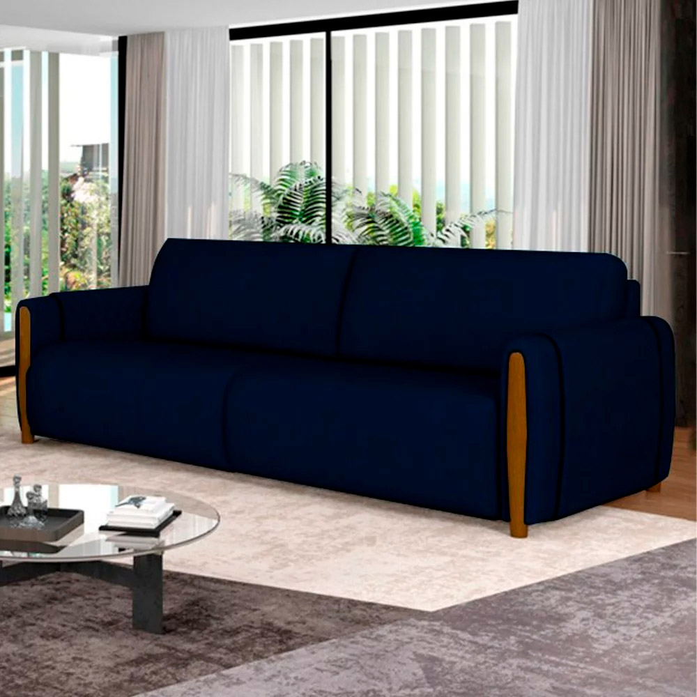 Sofá Decorativo 3 Lugares 223cm Maceió Veludo Azul Marinho G45 - Gran Belo