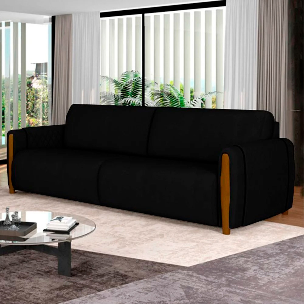 Sofá Decorativo 3 Lugares 223cm Maceió Veludo Preto G45 - Gran Belo