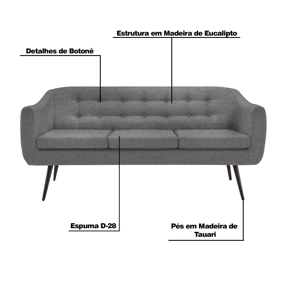 Sofá Decorativo 3 Lugares Pés Palito Cuddle Linho Cinza G17 - Gran Belo