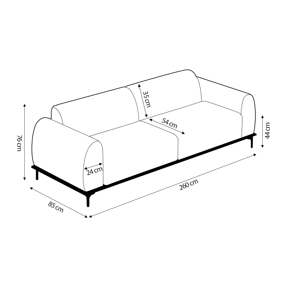 Sofá Decorativo 3 Lugares Sala de Estar Bipartido Base de Madeira Euro 260 cm PU Preto - Gran Belo